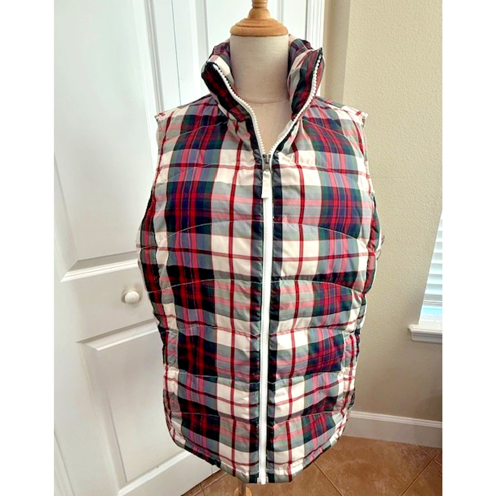 Lands End Puffer Vest Womens XL 18 Tartan Plaid Fill Down Quilted Red Green Zip